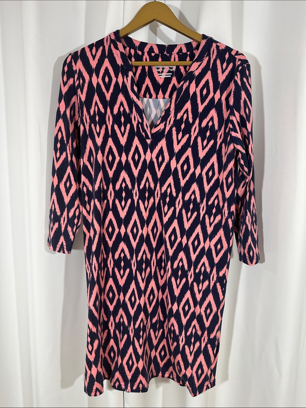 Southern Tide Pink Navy Geometric Shift Dress Size M Stretch Performance Dress